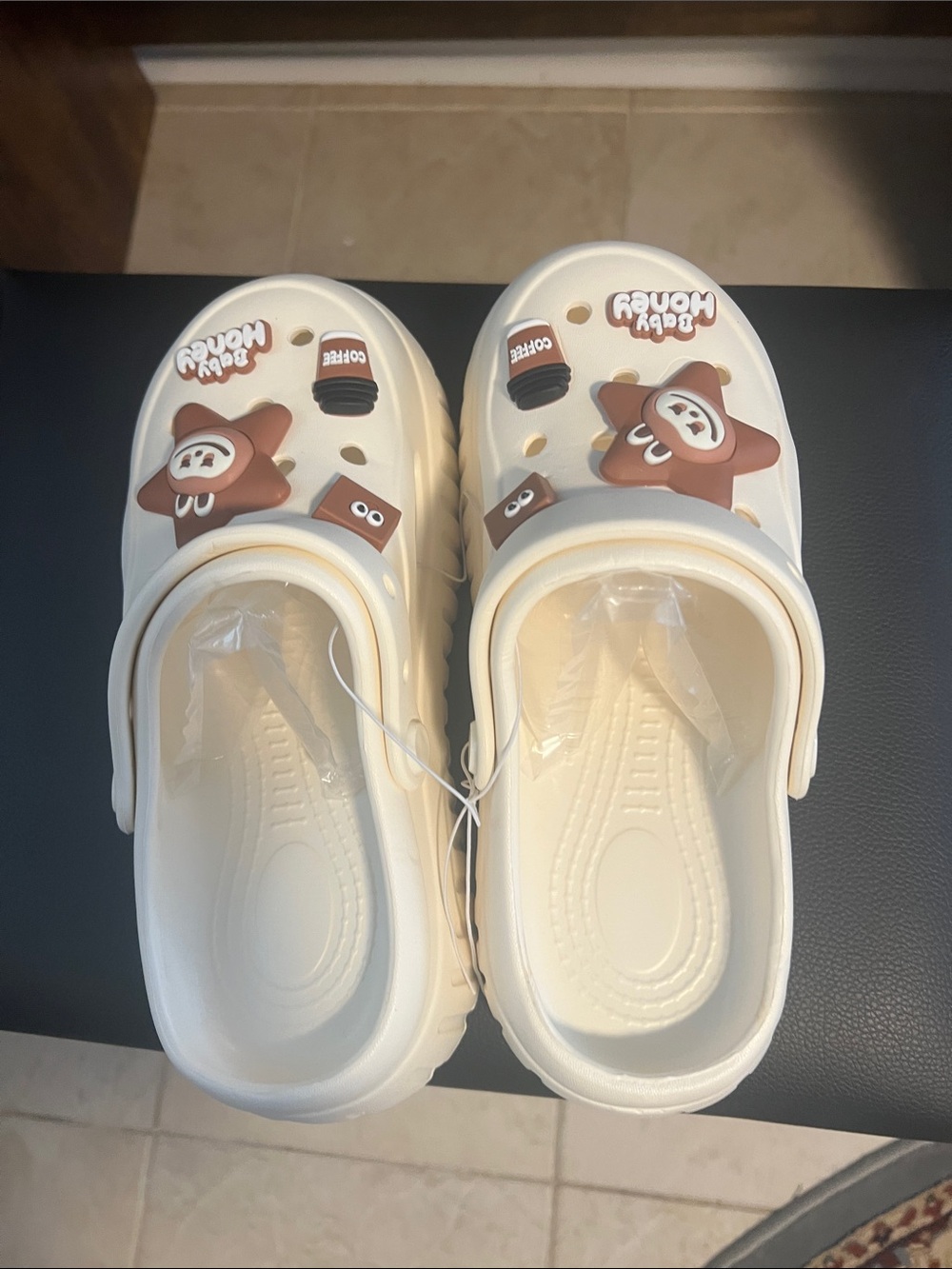 Women’s Cream Slip-On Clogs with Brown Character Accents